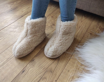 Women's Ethically Handmade Merino Wool Boots - Beige Eco Friendly Slippers - Non-Slip Sole - Extra Thick and Warm