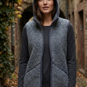 Women’s Merino Gilet – Hooded Winter Bodywarmer, Zip-Up Waistcoat Dark Grey with Pockets