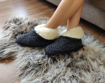 Black Eco Women's / Men's Merino Pure Sheep's Wool  / Sheepskin Brand -Non Slip Sole - Christmas Sale - Birthday Mother Gift