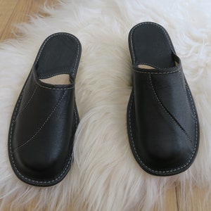 New Mens Natural Summer House Black Leather Mules - Wedding Party Slippers - Birthday Gift Father Dad House Slippers -  non Slipe Soles