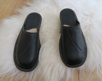 New Mens Natural Summer House Black Leather Mules - Wedding Party Slippers - Birthday Gift Father Dad House Slippers -  non Slipe Soles