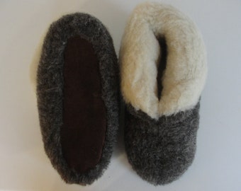 Pantofole in lana merino pura da donna/uomo ecologiche / Pantofole in pelle di pecora nera - Suola in pelle scamosciata - Regalo per la mamma - Saldi di Natale