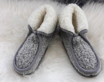Grey Eco Womens / Mens Merino Pure Sheeps Wool Slippers/ Sheepskin Slippers - Non Slip Sole G