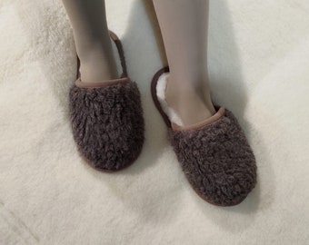 Ladies Merino Wool Slippers - Brown Non Slip Women's Mules