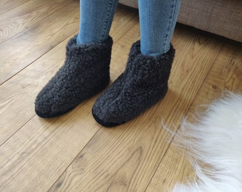 Black Pure Sheep's Wool Slippers - Eco Women's / Men's Merino Sheepskin Moccasins - Non Slip Sole - Christmas Sale - Birthday Gift