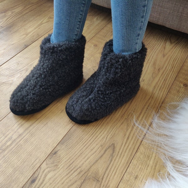 Black Pure Sheep's Wool Slippers - Eco Women's / Men's Merino Sheepskin Moccasins - Non Slip Sole - Christmas Sale - Birthday Gift