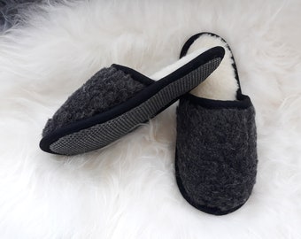 Eco Womens / Mens Merino Pure Sheeps Wool Slippers - Black Mules Non Slip Sole - Secret Santa
