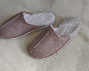 Sheepskin Tan Slippers - Mens Luxury Suede Leather Mules  - Non Slip Sole