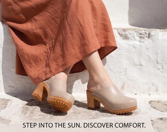 Open Back Wooden Clogs, Beige Leather Mules, Vintage Style Clog Mules, Boho Leather Slides, Heeled Wood Sandals, Handmade Slip On Shoes