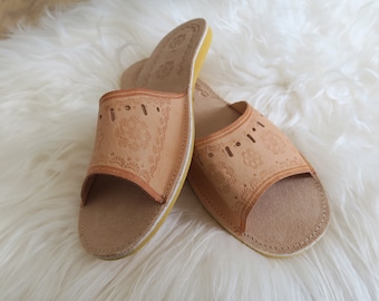 New Womens Natural Leather Mules - WeddingLadies Party Slippers - Mother Birthday Gift  House Slippers -  non Slipe Soles