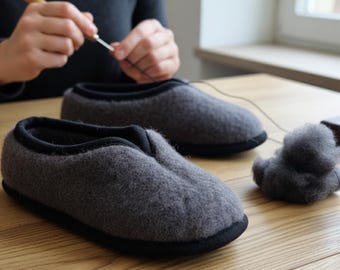 Handmade Wool Slippers – Dark Grey – Natural Sheep Wool Non Slip House Shoes