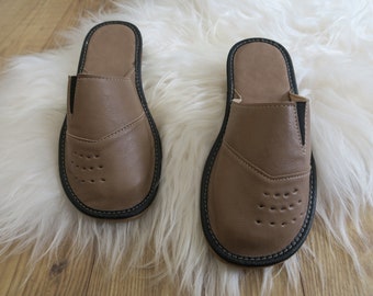 New Mens Natural Brown Leather Summer House Mules - Wedding Party Slippers - Birthday Gift Father Dad House Slippers -  non Slipe Soles