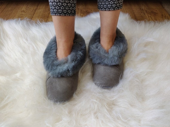 Shearling Grey Women s Men s Home Slippers Sheepskin Warm