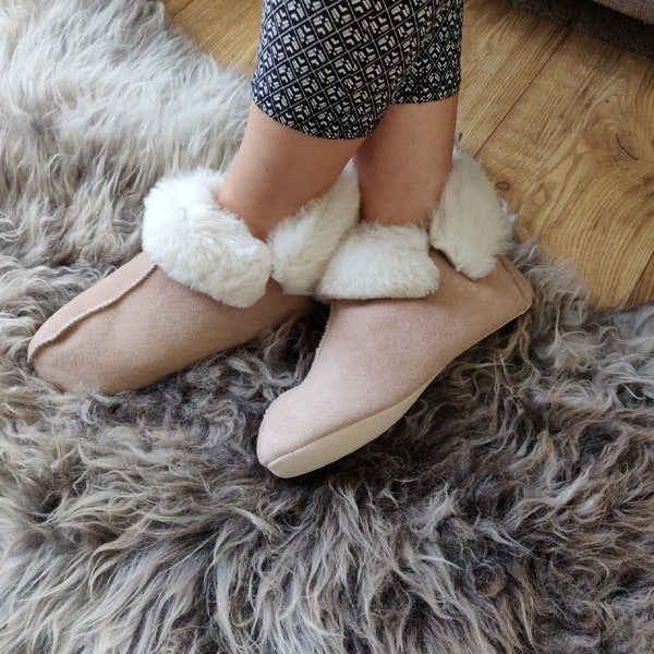 Sheepskin Slippers - Suede Leather Sole - Beige Shearling Women's Moccasins - Sheep's Wool - Christmas Sale - Mother Birthday Gift