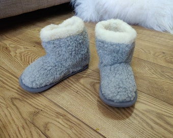 Grey Eco Women's/ Men's Merino Pure Sheep's Wool Slippers/ Natural Sheepskin Slippers - Non Slip Sole - Christmas & Birthday Gift