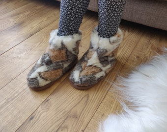Mixed Pure Sheep's Wool Slippers - Eco Women's / Men's Merino Sheepskin Moccasins - Non Slip Sole - Christmas Sale - Birthday Gift