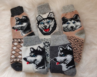 Knitted Wool Socks with Husky Patterns - Thick Women's Winter socks
