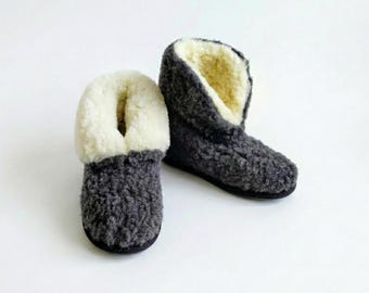 Dark Grey Merino Wool Slippers Unisex | Men's & Women's Warm Eco Booties | Fluffy Wool Cuff House Shoes | Sustainable Gift