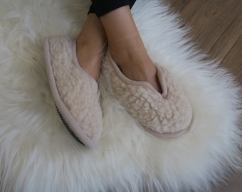Eco Womens / Mens Merino Pure Sheeps Wool Slippers - Non Slip Sole - Beige Slippers  Christmas & Birthday Gift - Mother's Day