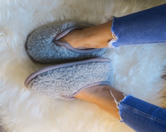 Merino Ladies Womens Sheeps Wool Slippers - Mens Winter Grey  Sheepskin Boot Moccasins - Non Slip Sole - Christmas Sale - Birthday Gift