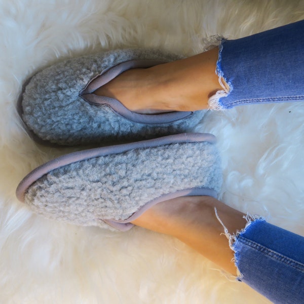 Merino Ladies Womens Sheeps Wool Slippers - Mens Winter Grey  Sheepskin Boot Moccasins - Non Slip Sole - Christmas Sale - Birthday Gift