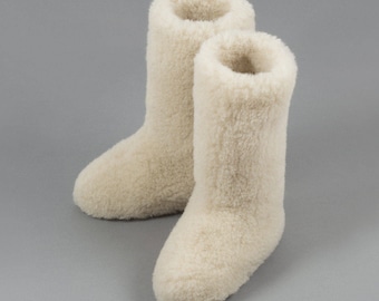 Womens/ Mens White Tall Merino Pure Sheeps Wool Slippers/ Ladies Boots - Eco Leather Sole