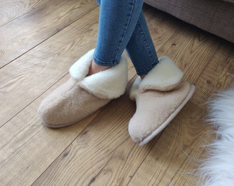 Alpaca Wool Ladies Womens Moccasins Eco Beige Camel Slippers - Mens Winter Booties - Secret Santa Birthday & Christmas Sale - Mother's Day