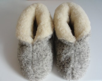 Grey Eco Women's / Men's Merino Pure Sheep's Wool Slippers - Sheepskin Bootie Style - Non Slip Suede Leather Sole