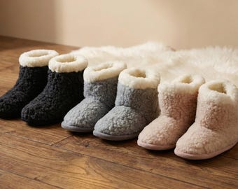 Merino Wool Slippers Booties - Warm Eco House Shoes - Black Grey Beige - Womens Gift - Soft Cozy Footwear - UK Size 4 & 4.5