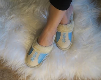 Blue Womens Cozy Natural Leather Sheeps Wool Slippers/ Ladies Sheepskin Flip Flops Mules - Non Slip Sole - Christmas  Gift for Her