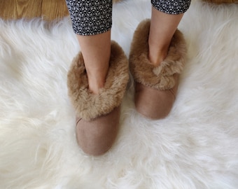 Shearling Brown Women's / Men's Home Slippers - Sheepskin Warm Moccasin - Suede Leather Sole - Christmas Sale - Mother Birthday Gift