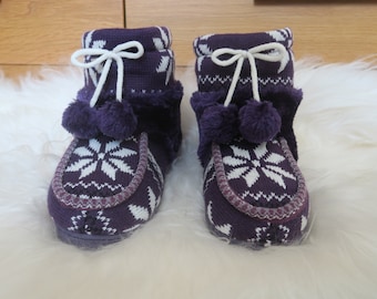 Arctic Purple Fashion Women's Hand Knitted Bootie Wool Slippers Fleece Lining Faux Fur - Thick Sole - Christmas Birthday Mother Gift