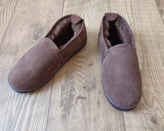 Sheepskin Brown Slippers - Men's Luxury Suede Leather Boots  - Non Slip Sole - Christmas Sale - Birthday Gift