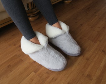 Alpaca Wool Ladies Womens Moccasins Eco Grey Light Slippers - Mens Winter Booties - Secret Santa Birthday & Christmas Sale - Mother's Day