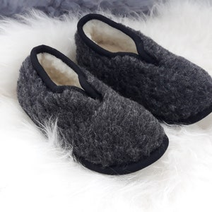 Black Eco Women's / Men's Merino Pure Sheep's Wool Slippers - Sheepskin Boots - Non Slip Sole - Christmas Sale & Birthday