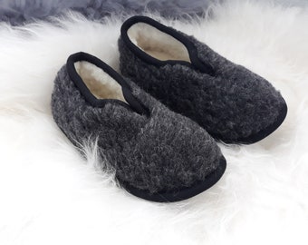 Black Eco Women's / Men's Merino Pure Sheep's Wool Slippers - Sheepskin Boots - Christmas Sale & Birthday