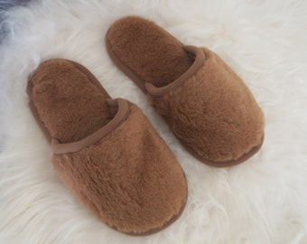 Camel Brown Wool Womens/ Mens Slippers - Ladies Sheepskin Flip Flops Slippers - Warm Birthday & Christmas Gift - Mother's Day