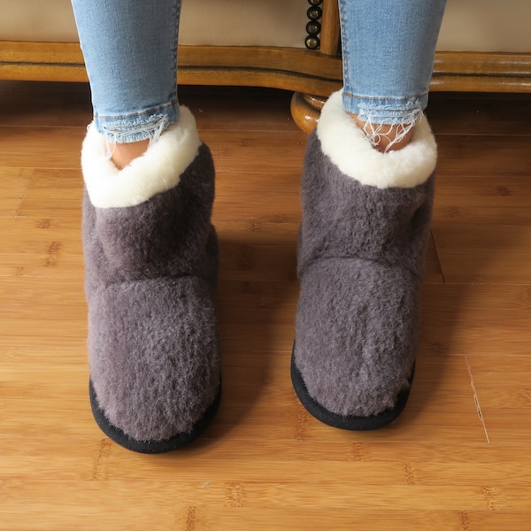 Schwarzer Merino mit Alpakawolle - Öko Hausschuhe Damen Damen Mokassins - Herren Winter Booties - Weihnachtsangebot - Muttertag