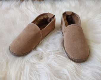 Sheepskin Light Brown Slippers - Men's Luxury Suede Leather Boots  - Non Slip Sole - Christmas Sale - Birthday Gift