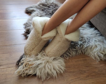 Beige Merino Pure Sheep's Wool Slippers - Eco Slipper Boots Moccasins - Non Slip Sole - Christmas Sale - Birthday Mother Gift