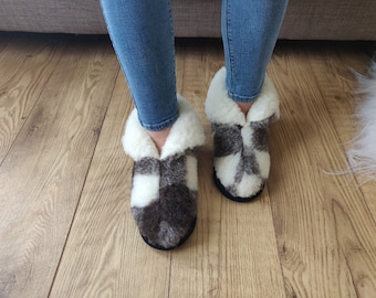 Merino Black and White Sheep's Wool Boots / Sheepskin Moccasins - Women's / Men's Slippers - Non Slip Sole - Christmas Sale - Birthday Gift