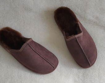 Sheepskin Brown Slippers - Men's Luxury Organic Suede Leather Mules  - Non Slip Sole
