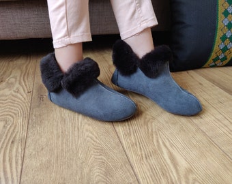 Sheepskin Slippers - Suede Leather Sole - Grey Shearling Women's / Men's Moccasins - Sheep's Wool - Christmas Sale - Mother Birthday Gift