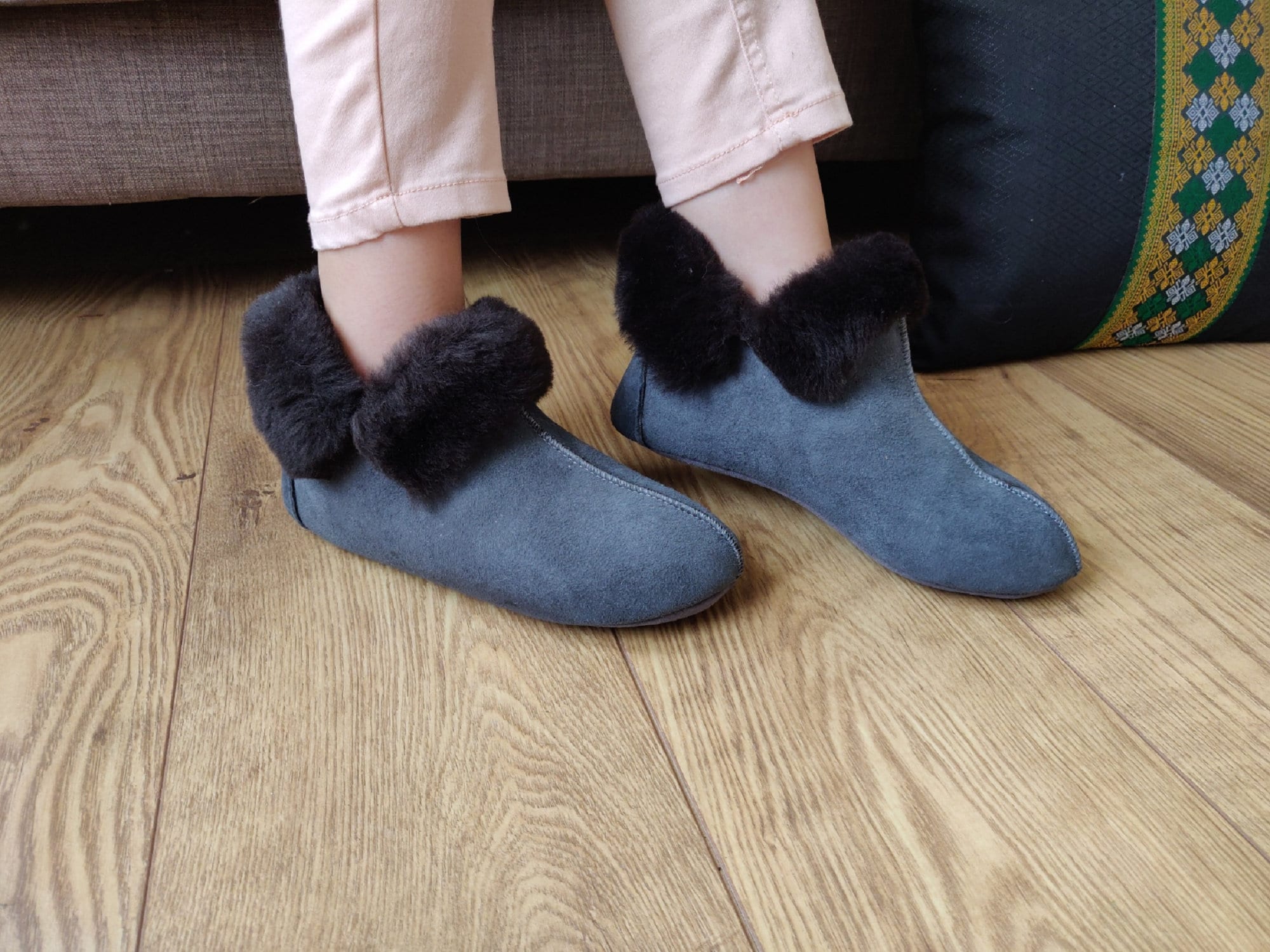 Sheepskin Slippers Suede Leather Sole Grey Shearling -