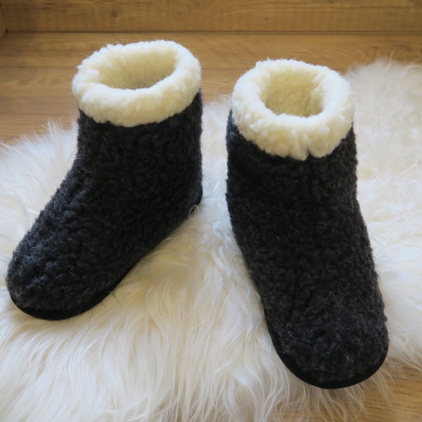 Black Eco Womens/ Mens Merino Pure Sheep's Wool Slippers/ Sheepskin Slippers - Non Slip Sole - Christmas & Birthday Gift