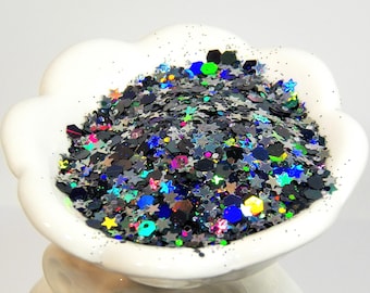 Starlight Star Bright Glitter Mix! Beautiful Silver Holographic Mix of Fiery Colors with Stars! B-248