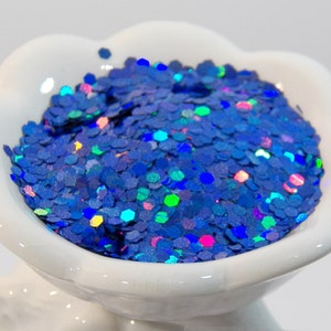 Royal Sapphire Blue Holographic Hex Dot Chunky Glitter Size 1/12 - 2 mm! Beautiful and fiery!  B-275