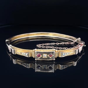 1960's vintage gold bangle, pearl and ruby bangle, filigree bangle, seed pearl solid bangle, vintage gold bangle, Edwardian style bangle