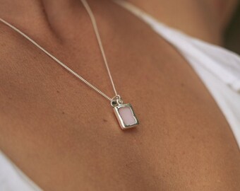 Pink Opal Necklace - 925 sterling silver pendant with Pink Opal Stone - Rectangle Shape Stone - Natural Gemstone - Boho Style Jewelry