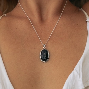 Black Onyx Necklace, 925 sterling silver pendant with Black Onyx Stone, Oval Shape Stone, Hand Made Natural Gemstone Boho Style Jewelry